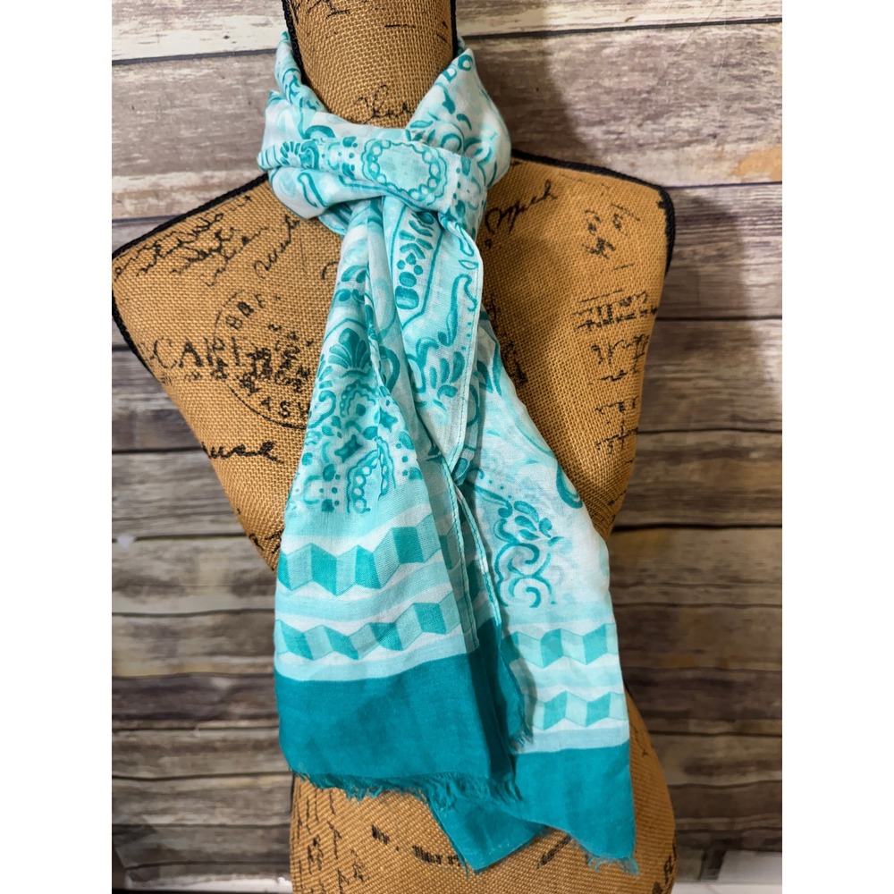 Charming Charlie Teal White Paisley Mandala Scarf Geometric Frayed Edge Wrap